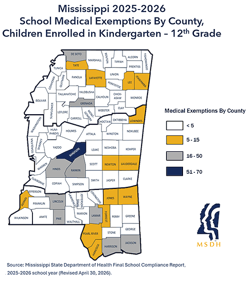 Map of school medical exemptions by county