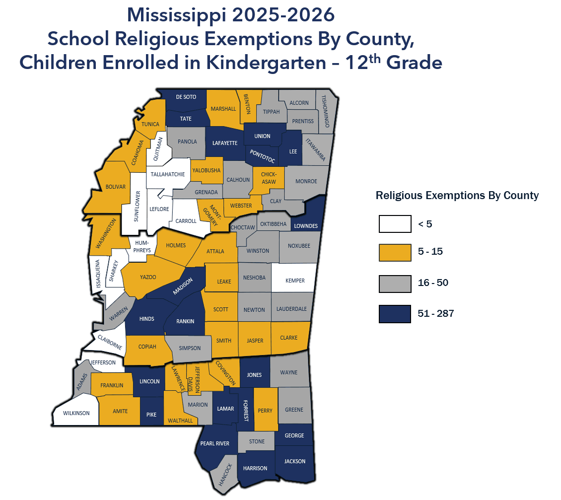 Map of statewide religious exemptions by county